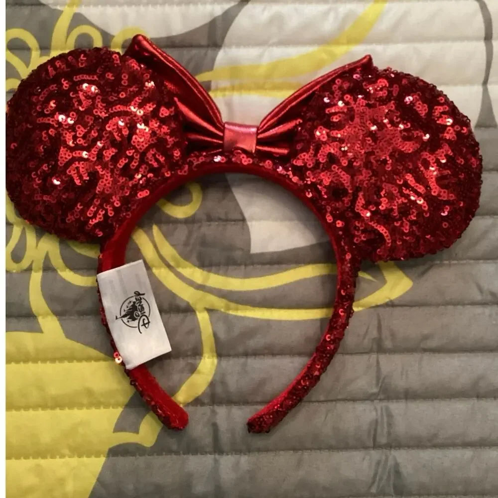 NWOT Disney Parks Red Sequined Ear with Shimmering Metallic Red Bow Headband